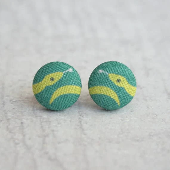 Rachel O's - Green Snakes Fabric Button Earrings 3 Rachel O's - Green Snakes Fabric Button Earrings