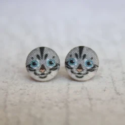 Jewelry Rachel O's - Gray Cat Fabric Button Earrings