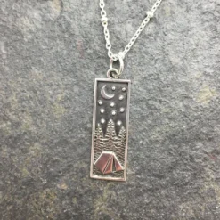 Elizabeth Jewelry Silver Tent Under Crescent Moon Rectangle Pendant