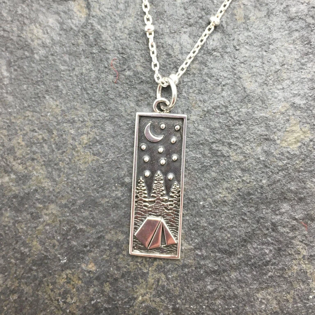 Elizabeth Jewelry Silver Tent Under Crescent Moon Rectangle Pendant 3 Elizabeth Jewelry Silver Tent Under Crescent Moon Rectangle Pendant