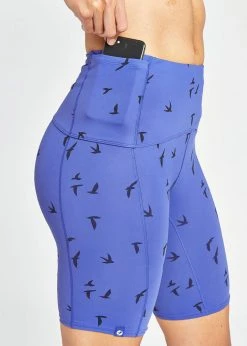 Oiselle Bottoms Long Power Pocket Shorts | Lapis Bird Print