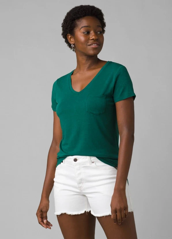 Prana Tops Women's Foundation V-Neck Tee | Deep Pine Heather 3 Prana Tops Women's Foundation V-Neck Tee | Deep Pine Heather