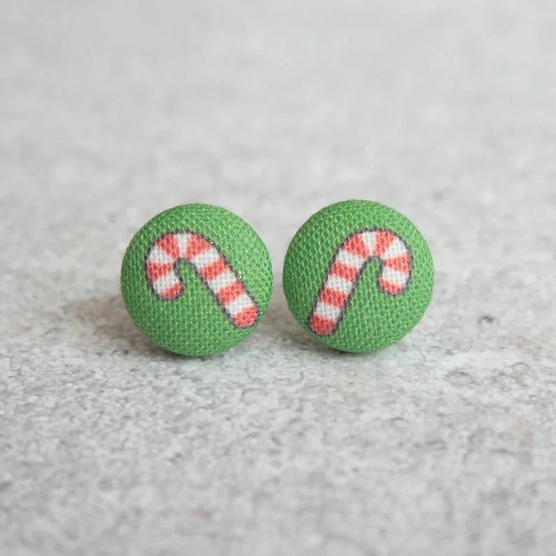 Jewelry Rachel O's - Candy Canes Fabric Button Earrings 3 Jewelry Rachel O's - Candy Canes Fabric Button Earrings